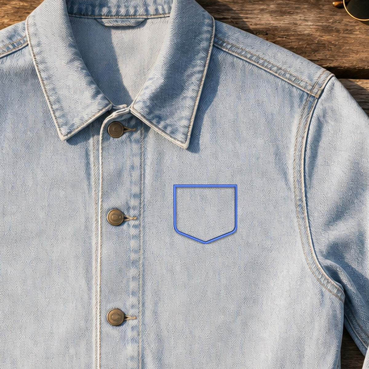 Pocket Applique Patch 4 embroidery design stitched as a chest pocket on a light-wash denim jacket