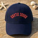 Rhode Island State Upside Down embroidery design stitched on a navy structured six-panel baseball cap
