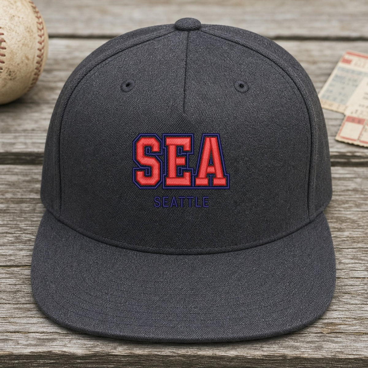 SEA Puff Cap embroidery design stitched on a charcoal structured mid-profile snapback cap