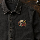 Skull Dagger Tattoo embroidery design stitched on a washed black denim jacket