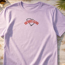 South Carolina State Upside Down embroidery design stitched on a light lavender soft unisex short-sleeve tee