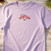 South Carolina State Upside Down embroidery design stitched on a light lavender soft unisex short-sleeve tee