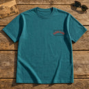 South Dakota State Upside Down embroidery design stitched on a teal heavyweight short-sleeve crewneck tee