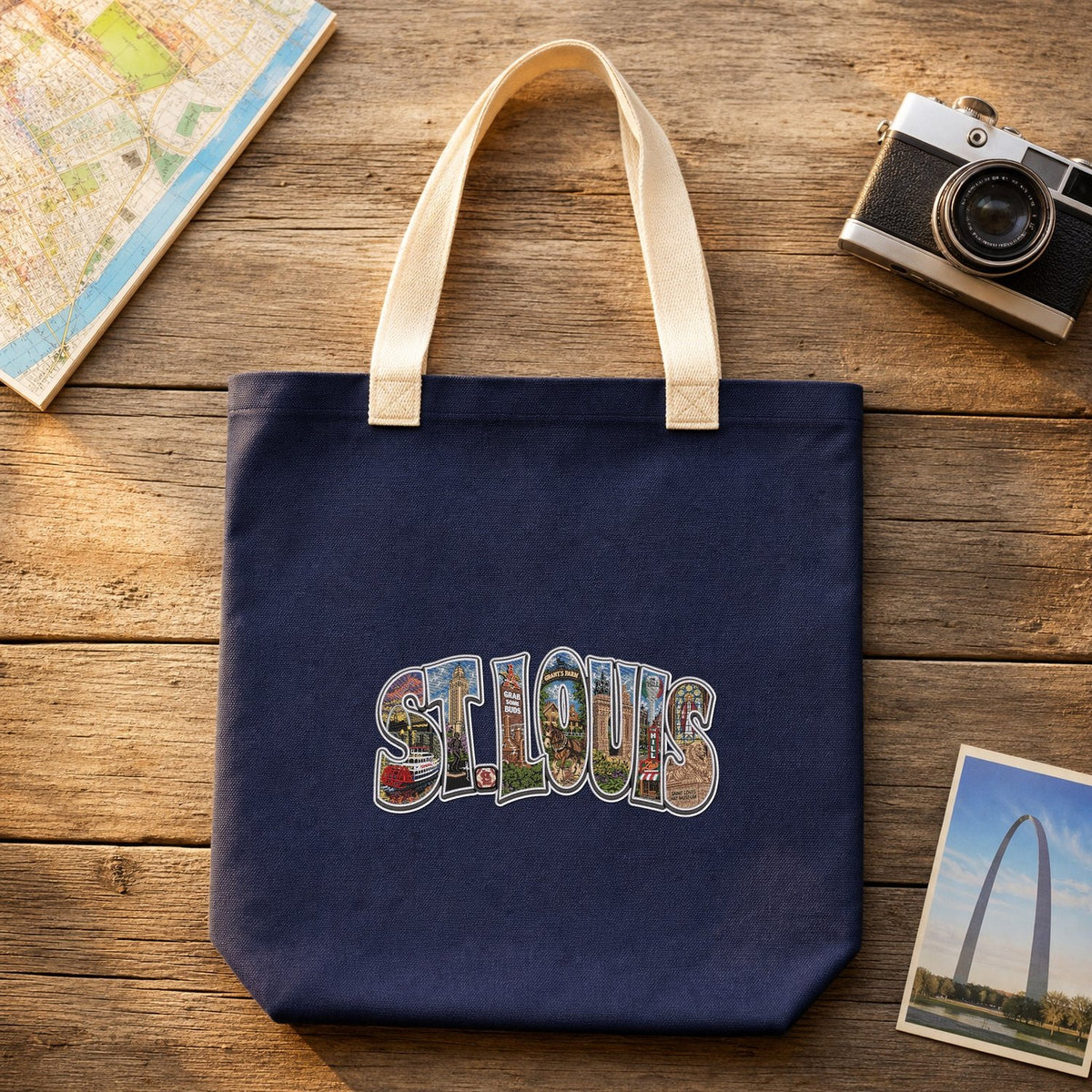 StLouis Landmarks embroidery design stitched on a navy canvas tote bag