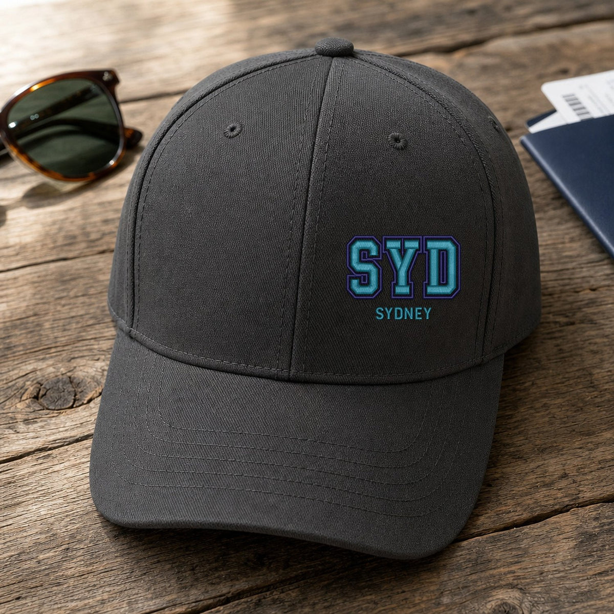 SYD Puff Cap embroidery design stitched on a charcoal structured six-panel baseball cap