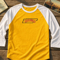 Tennessee State Upside Down embroidery design stitched on a sunflower yellow baseball raglan tee