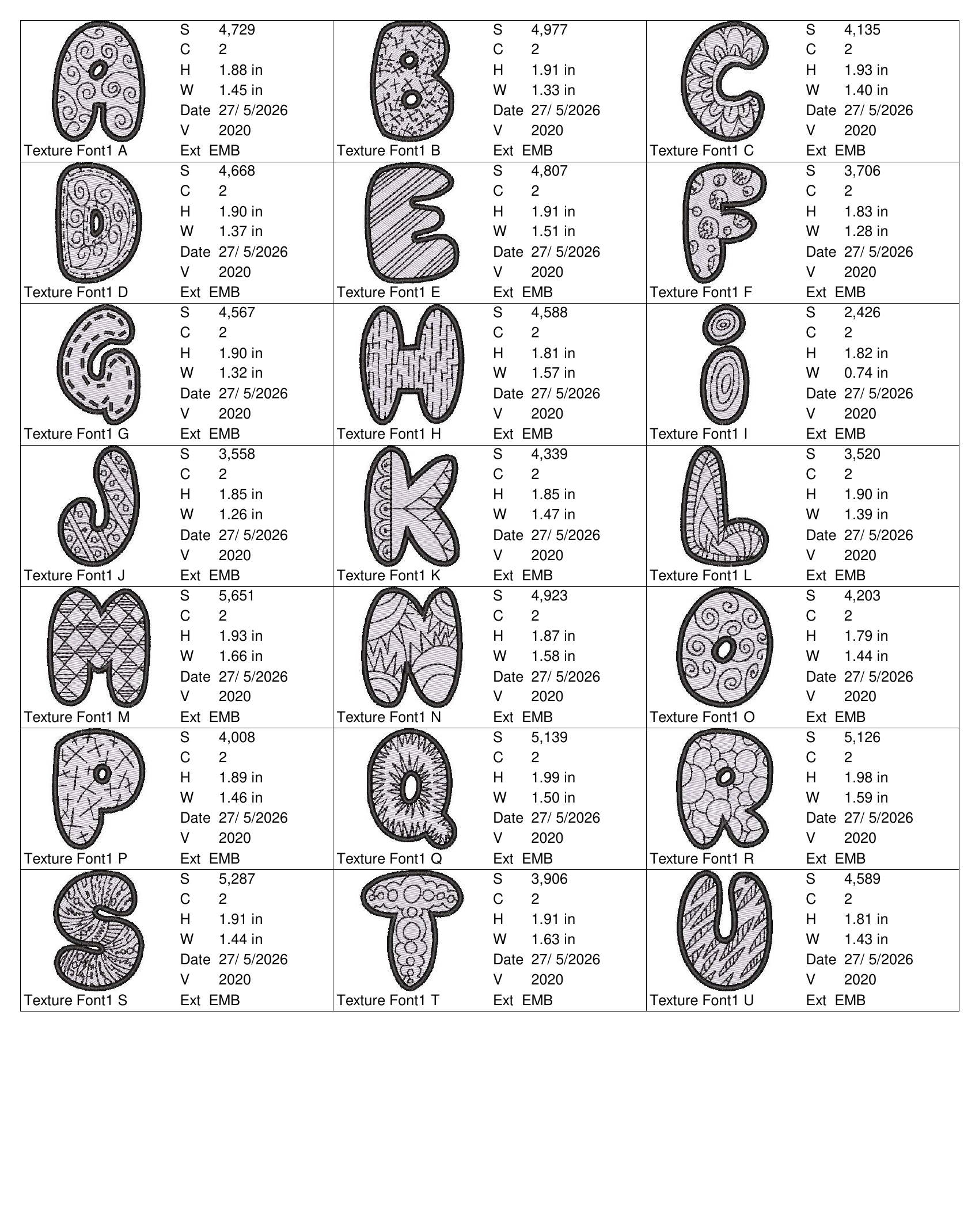 Texture Font 1 alphabet chart - page 1
