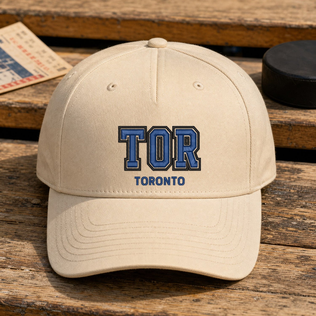 TOR Puff Cap embroidery design stitched on a natural structured six-panel baseball cap