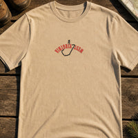 West Virginia State Upside Down embroidery design stitched on a sand unisex short-sleeve cotton tee