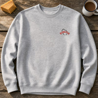 Wisconsin State Upside Down embroidery design stitched on a light heather grey unisex crewneck sweatshirt