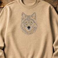 Wolf Head Run embroidery design stitched on a sand heavyweight crewneck sweatshirt
