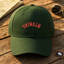 Wyoming State Upside Down embroidery design stitched on a forest green structured six-panel baseball cap