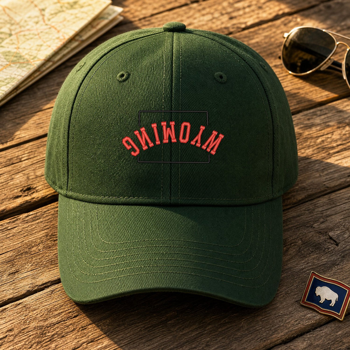 Wyoming State Upside Down embroidery design stitched on a forest green structured six-panel baseball cap